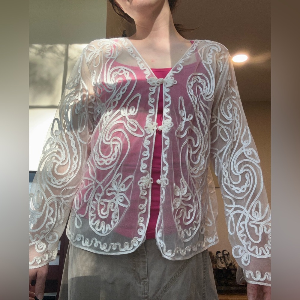White mesh abstract design cardigan